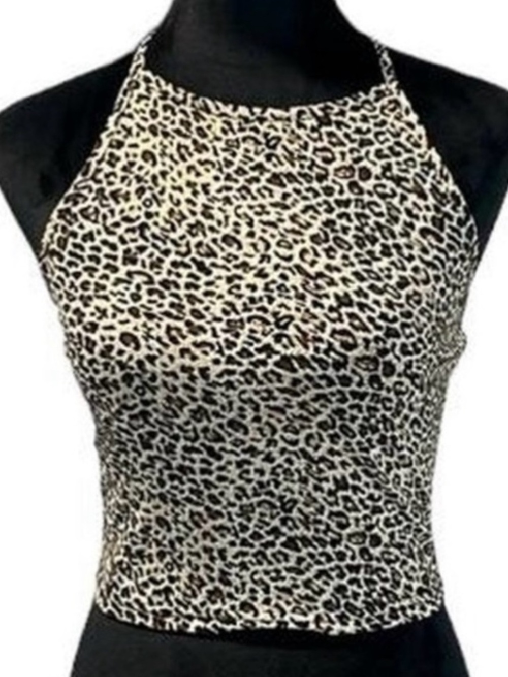 SHEIN Leopard Halter Crop Top in Black and Cream